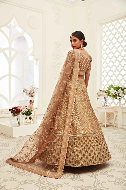 Golden Brown Silk Lehenga With Thread Dori Zari And Sequins Embroidery Work