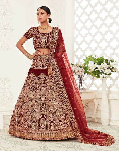 Red Maroon Velvet Lehenga With Thread Zari Dori And Sequins Embroidery Work