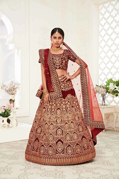 Red Maroon Velvet Lehenga With Thread Zari Dori And Sequins Embroidery Work