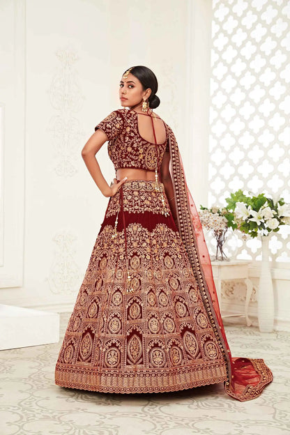 Red Maroon Velvet Lehenga With Thread Zari Dori And Sequins Embroidery Work