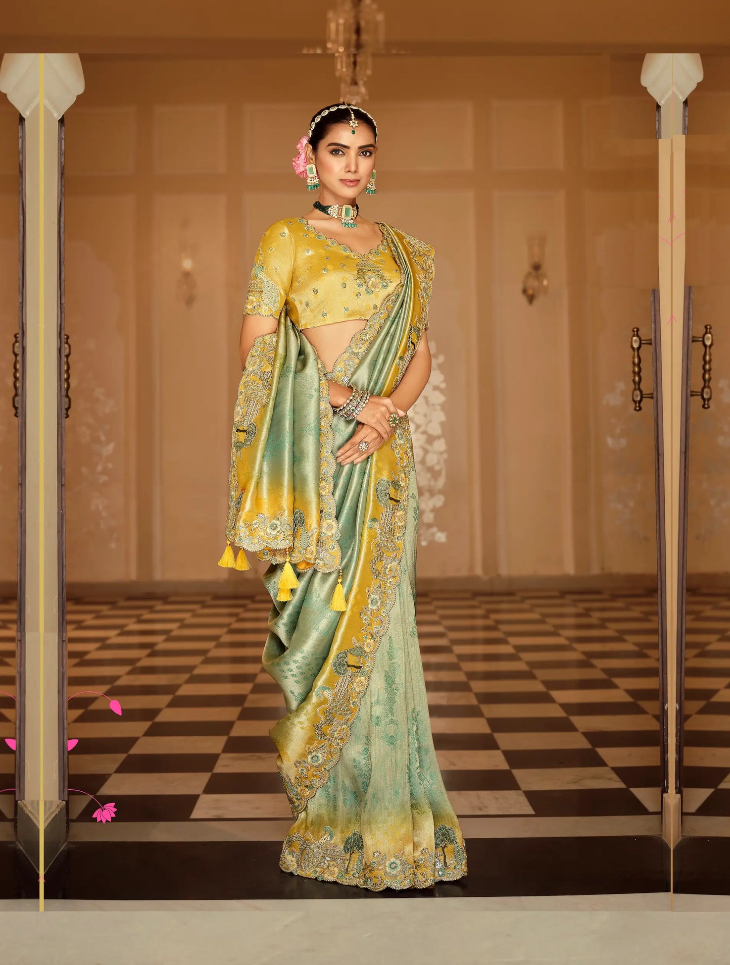Sea Green Jacquard Silk Embroidery & Hand Work Saree