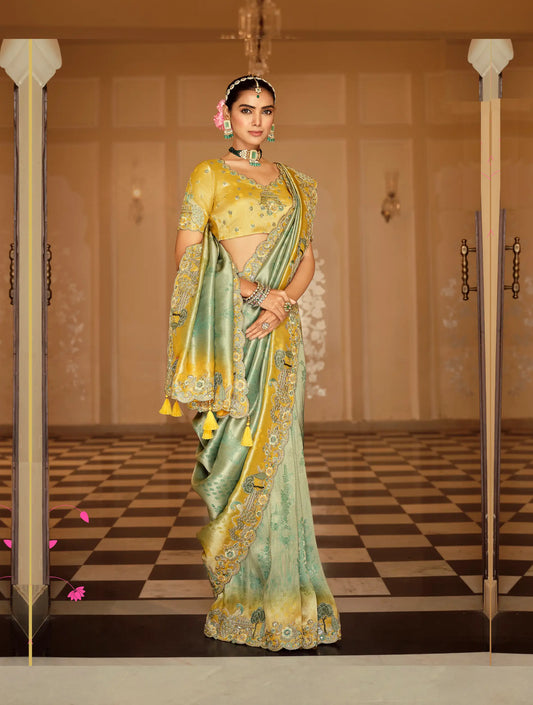 Sea Green Jacquard Silk Embroidery & Hand Work Saree
