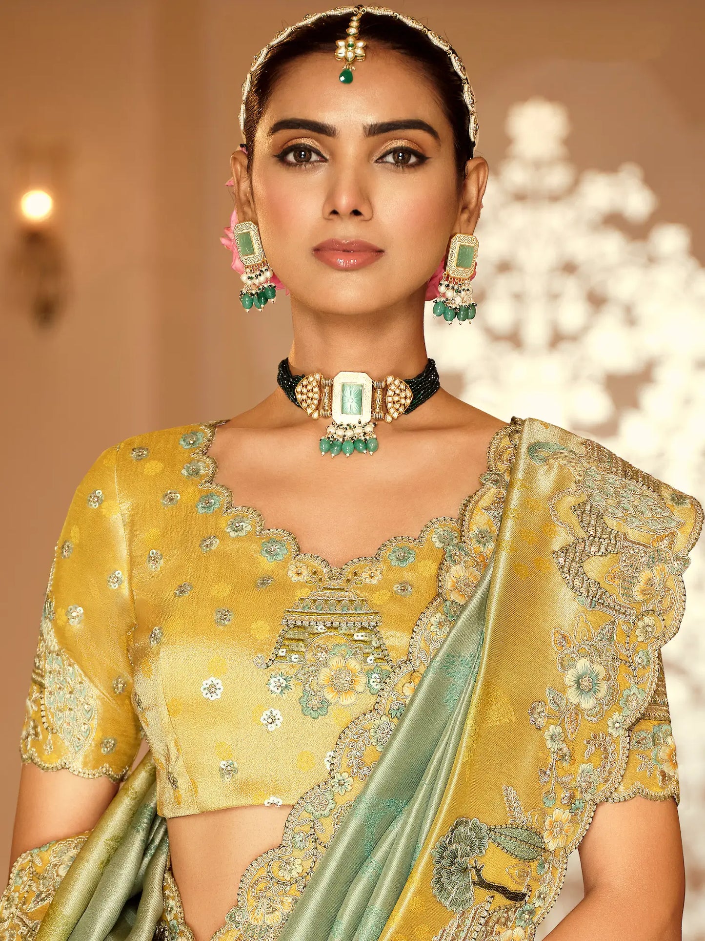 Sea Green Jacquard Silk Embroidery & Hand Work Saree