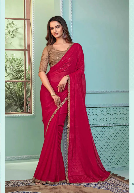 Red Rainbow Georgette Party Wear Saree With Sequence & Thread Embroidery Work