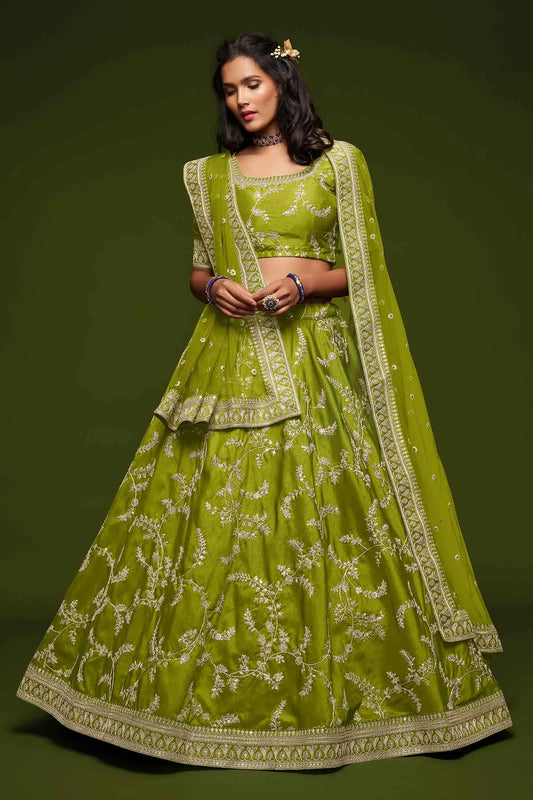 Neon Silk Lehenga Choli With Thread Zari Dori And Sequins Embroidery Work
