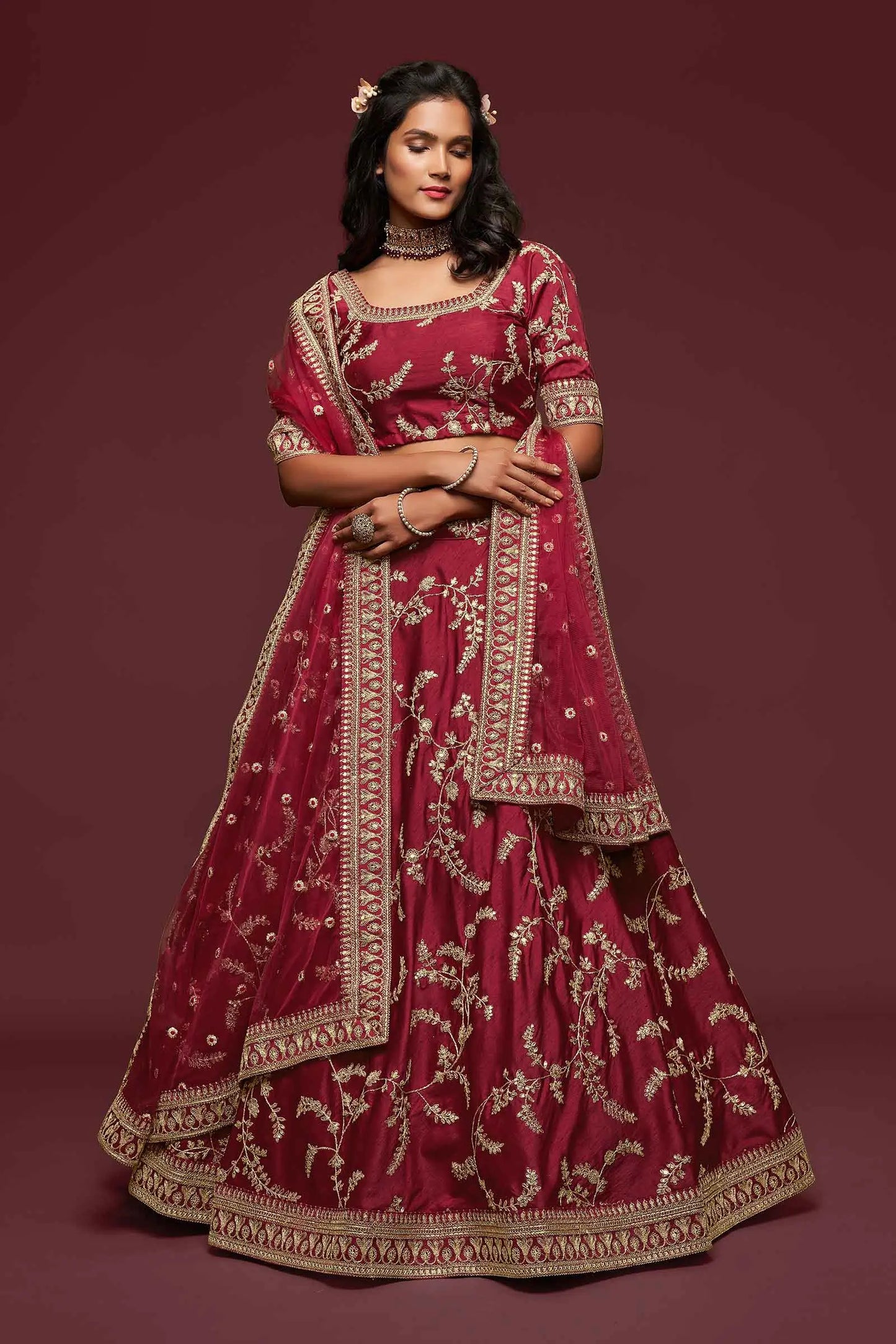 Maroon Silk Lehenga Choli With Thread Zari Dori And Sequins Embroidery Work