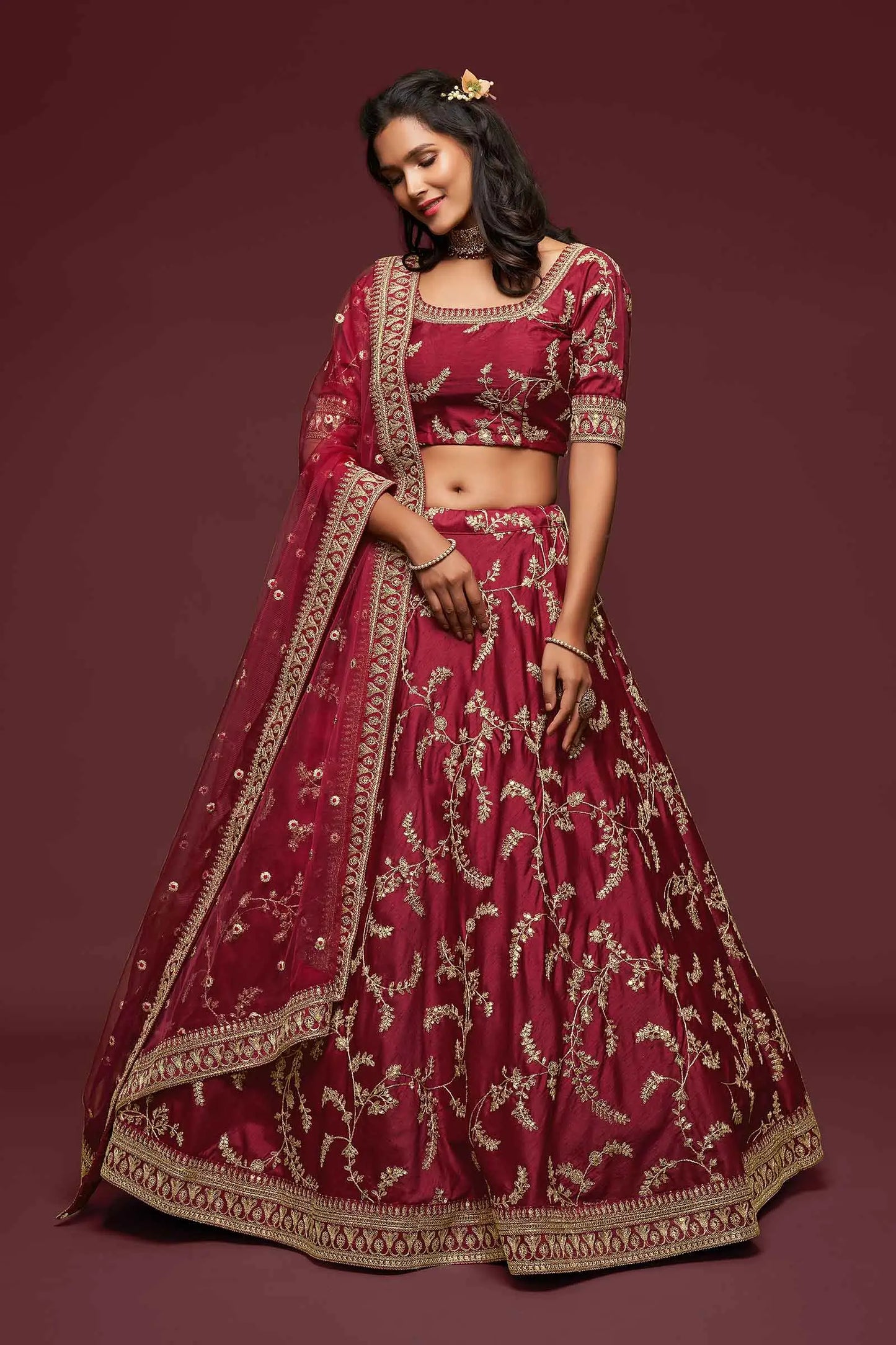 Maroon Silk Lehenga Choli With Thread Zari Dori And Sequins Embroidery Work