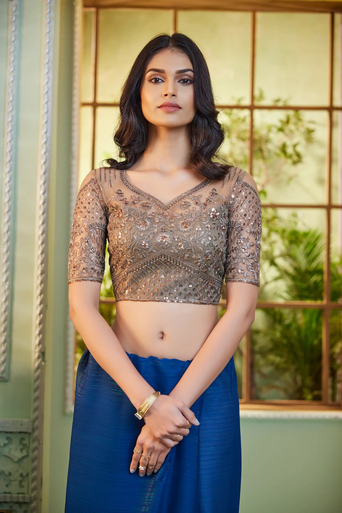 Teal Blue Rainbow Georgette Party Wear Saree With Sequence & Thread Embroidery Work