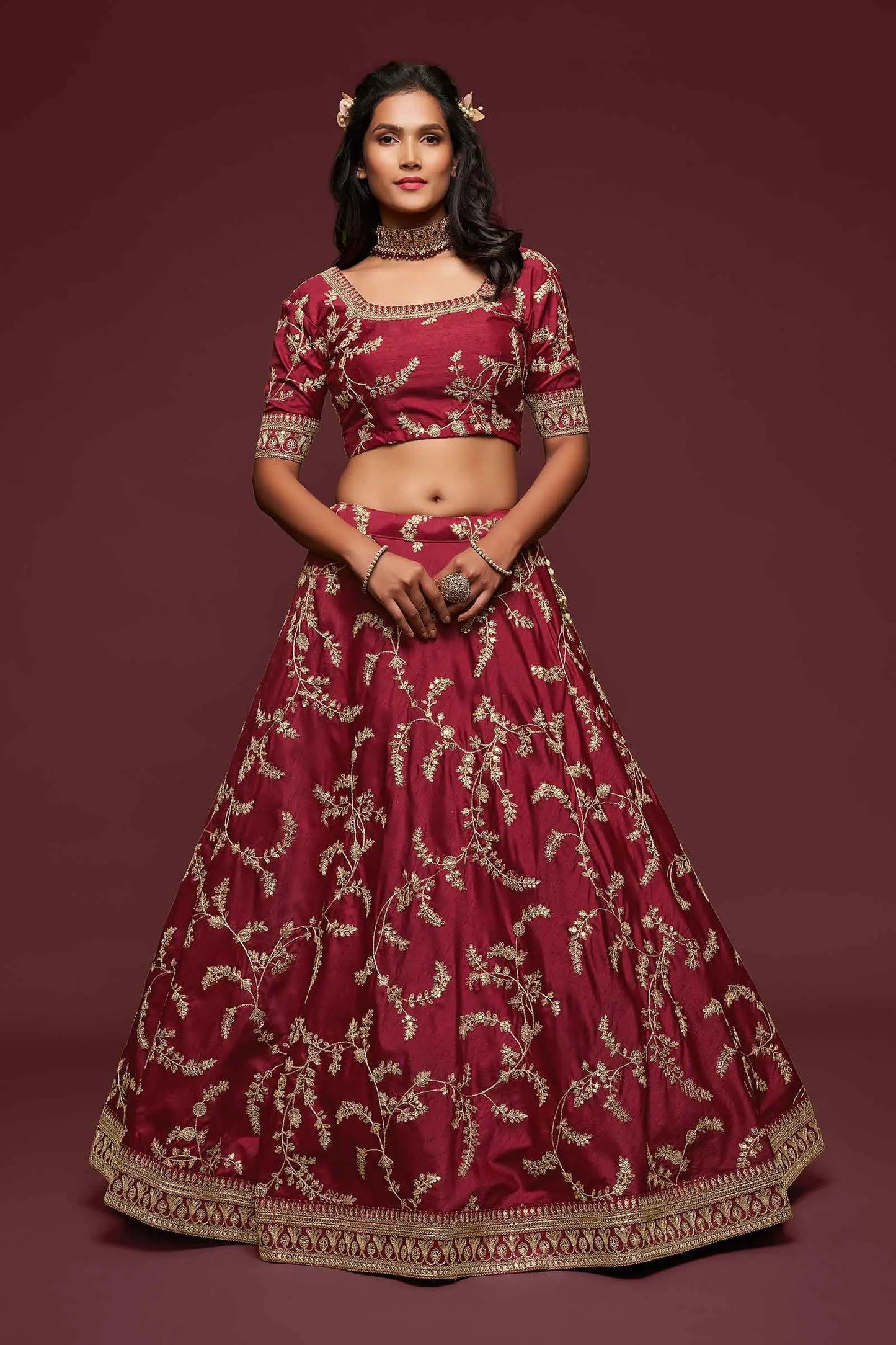 Maroon Silk Lehenga Choli With Thread Zari Dori And Sequins Embroidery Work