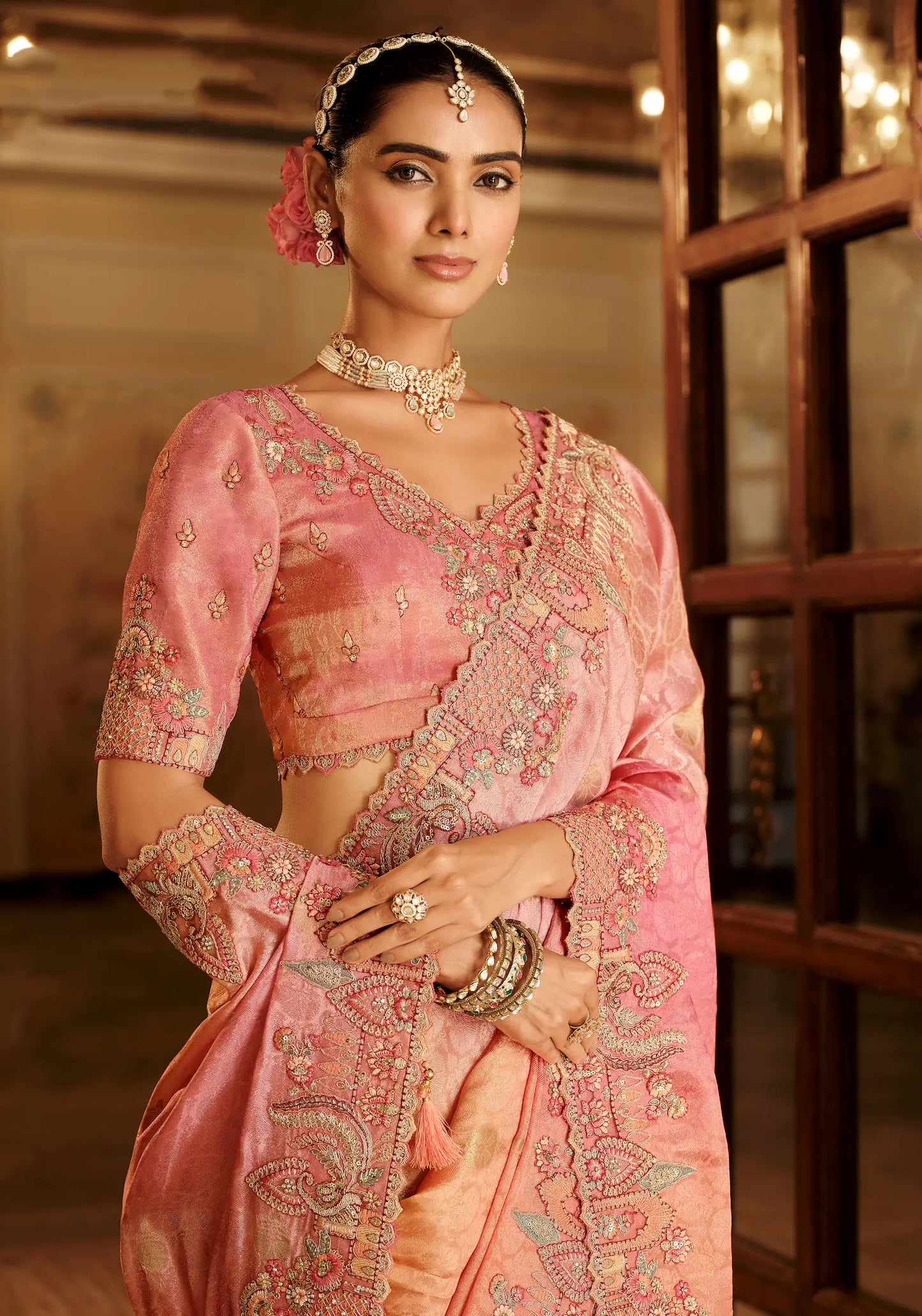 Shaded Pink Jacquard Silk Embroidery & Hand Work Saree