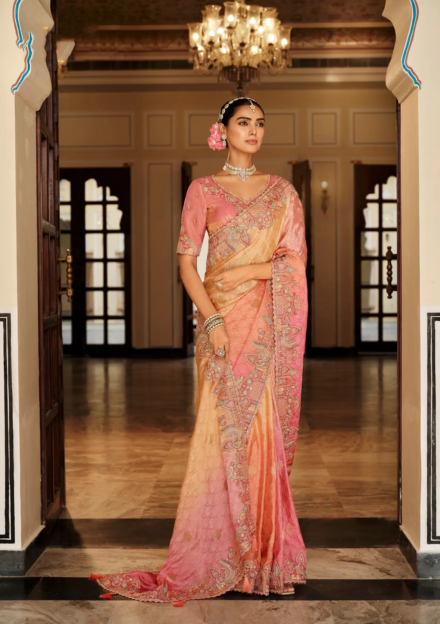 Shaded Pink Jacquard Silk Embroidery & Hand Work Saree