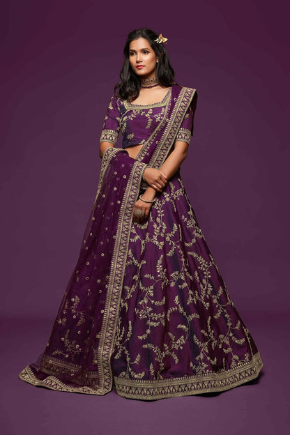 Wine Silk Lehenga Choli With Thread Zari Dori And Sequins Embroidery Work