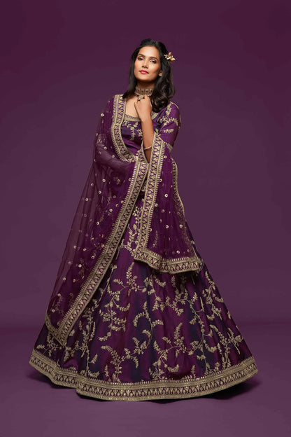 Wine Silk Lehenga Choli With Thread Zari Dori And Sequins Embroidery Work