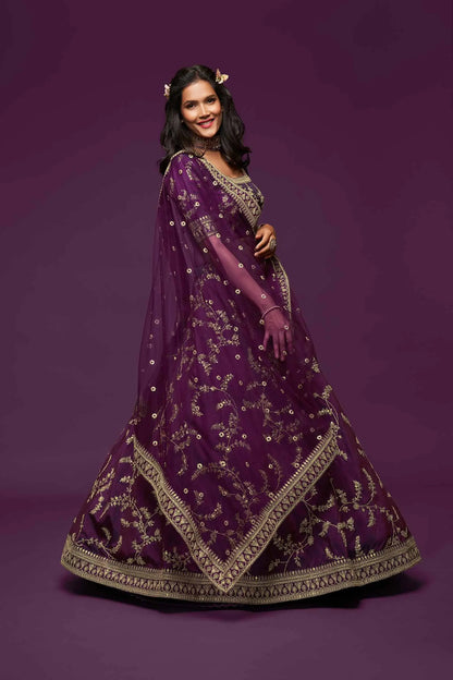 Wine Silk Lehenga Choli With Thread Zari Dori And Sequins Embroidery Work