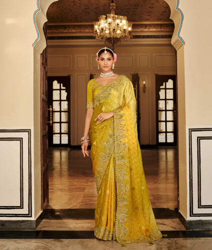 Shaded Yellow Jacquard Silk Embroidery & Hand Work Saree