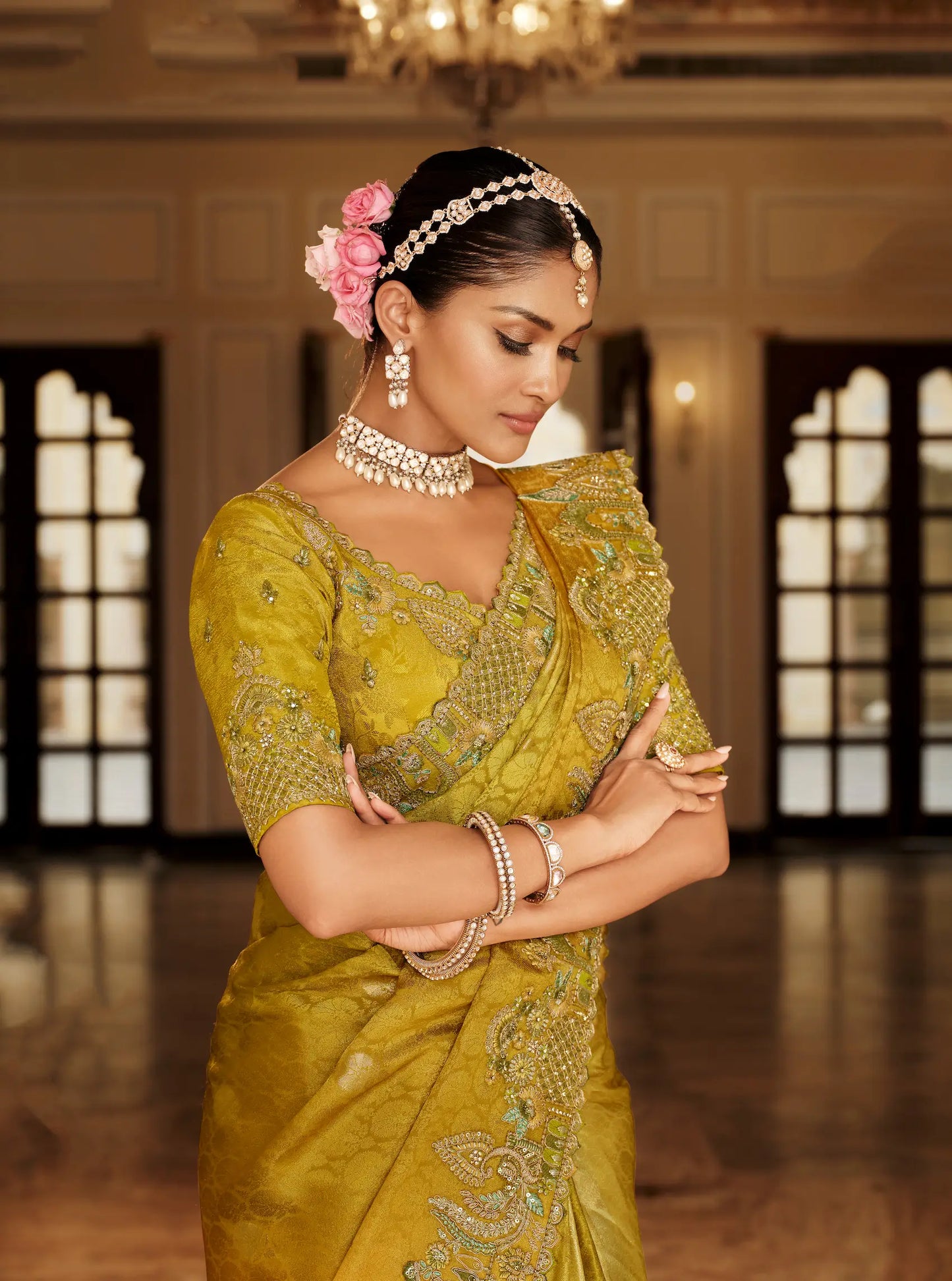 Shaded Yellow Jacquard Silk Embroidery & Hand Work Saree