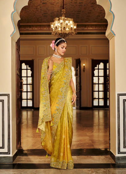 Shaded Yellow Jacquard Silk Embroidery & Hand Work Saree