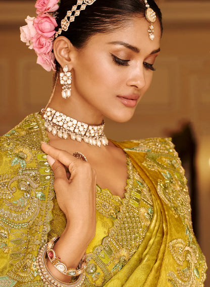 Shaded Yellow Jacquard Silk Embroidery & Hand Work Saree