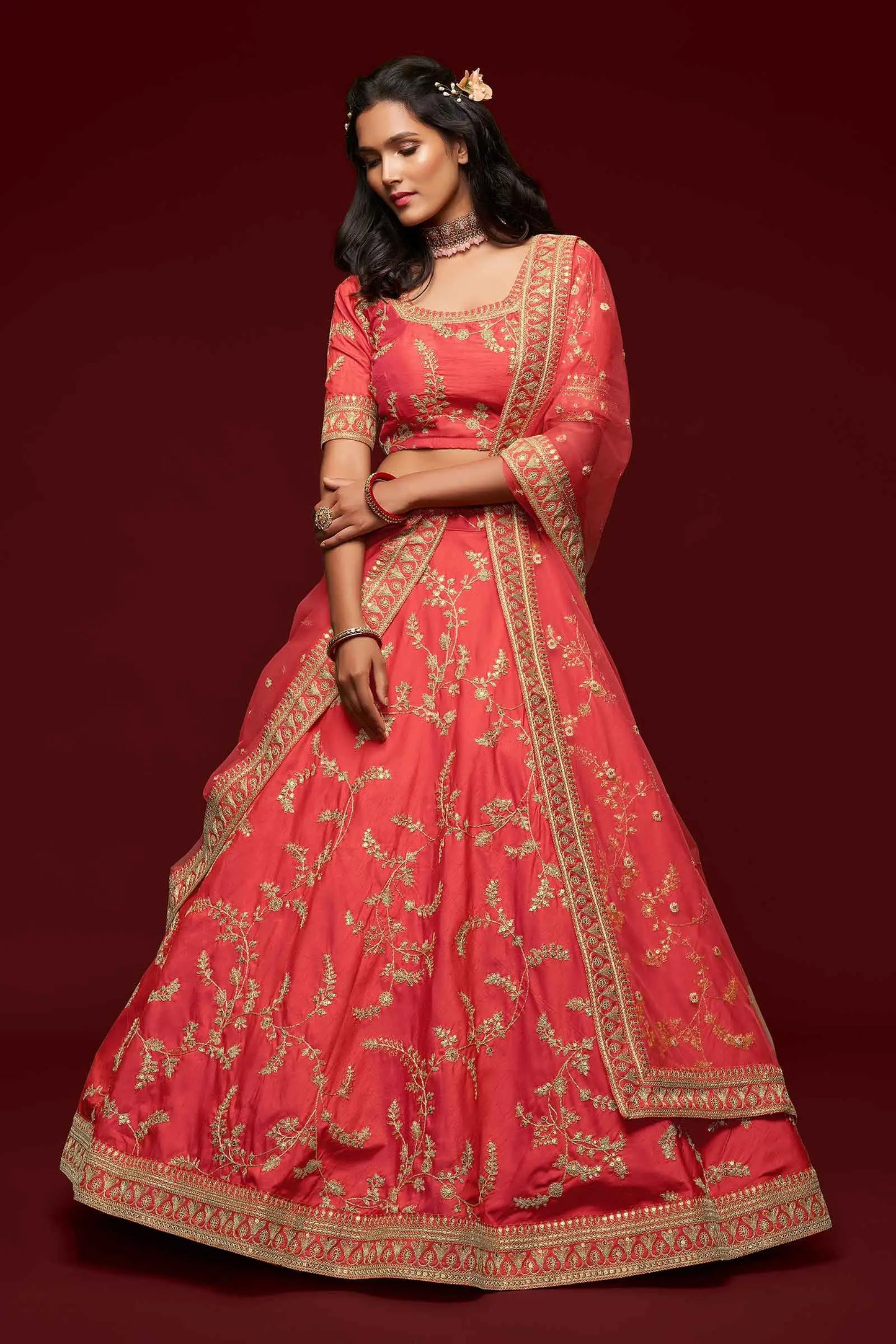 Bean Red Silk Lehenga Choli With Thread Zari Dori And Sequins Embroidery Work