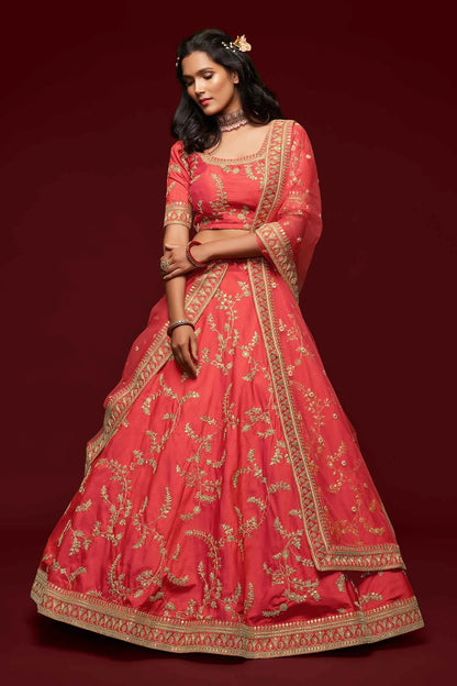 Bean Red Silk Lehenga Choli With Thread Zari Dori And Sequins Embroidery Work