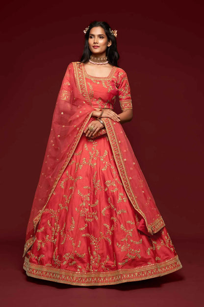 Bean Red Silk Lehenga Choli With Thread Zari Dori And Sequins Embroidery Work