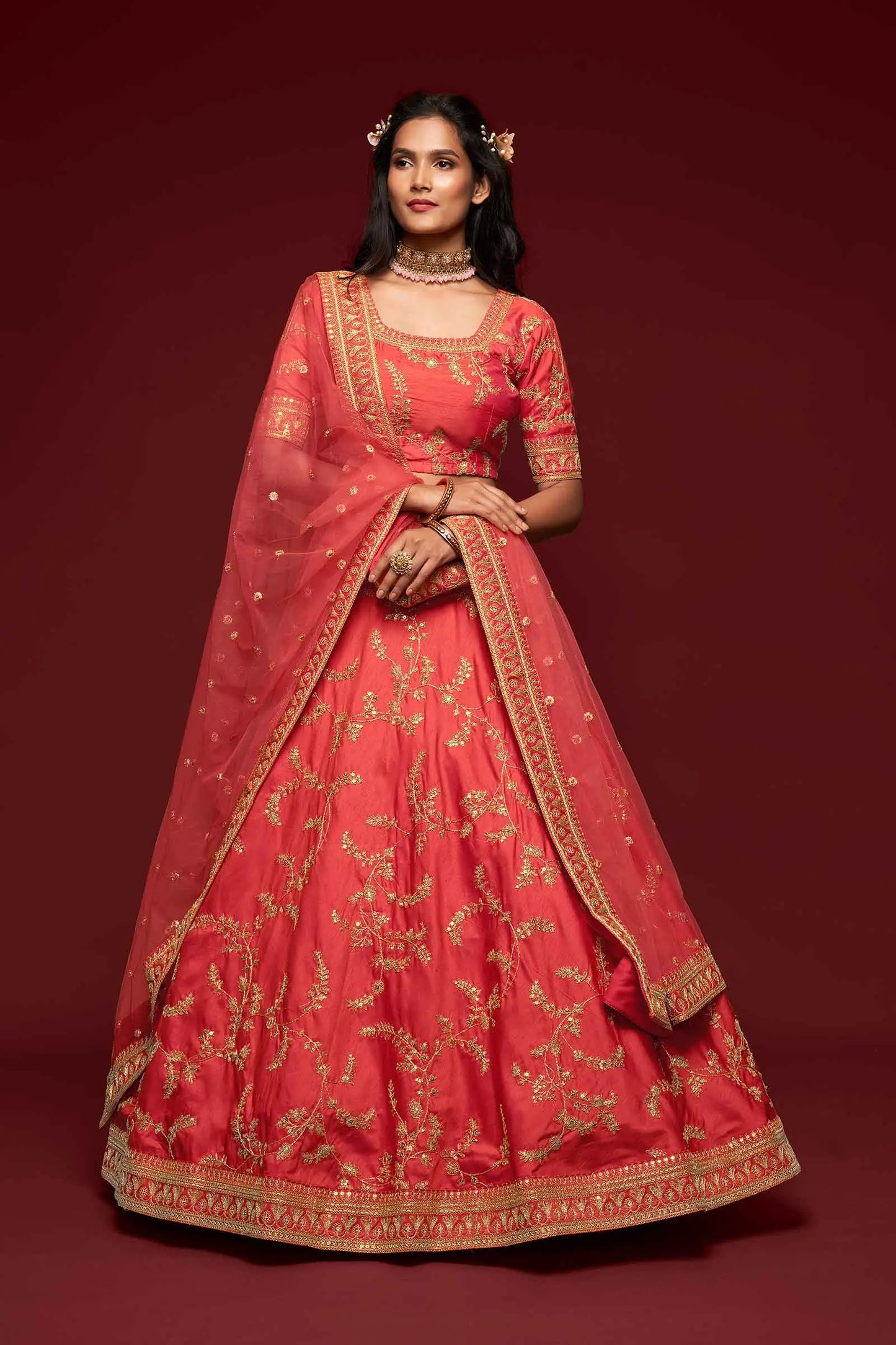 Bean Red Silk Lehenga Choli With Thread Zari Dori And Sequins Embroidery Work