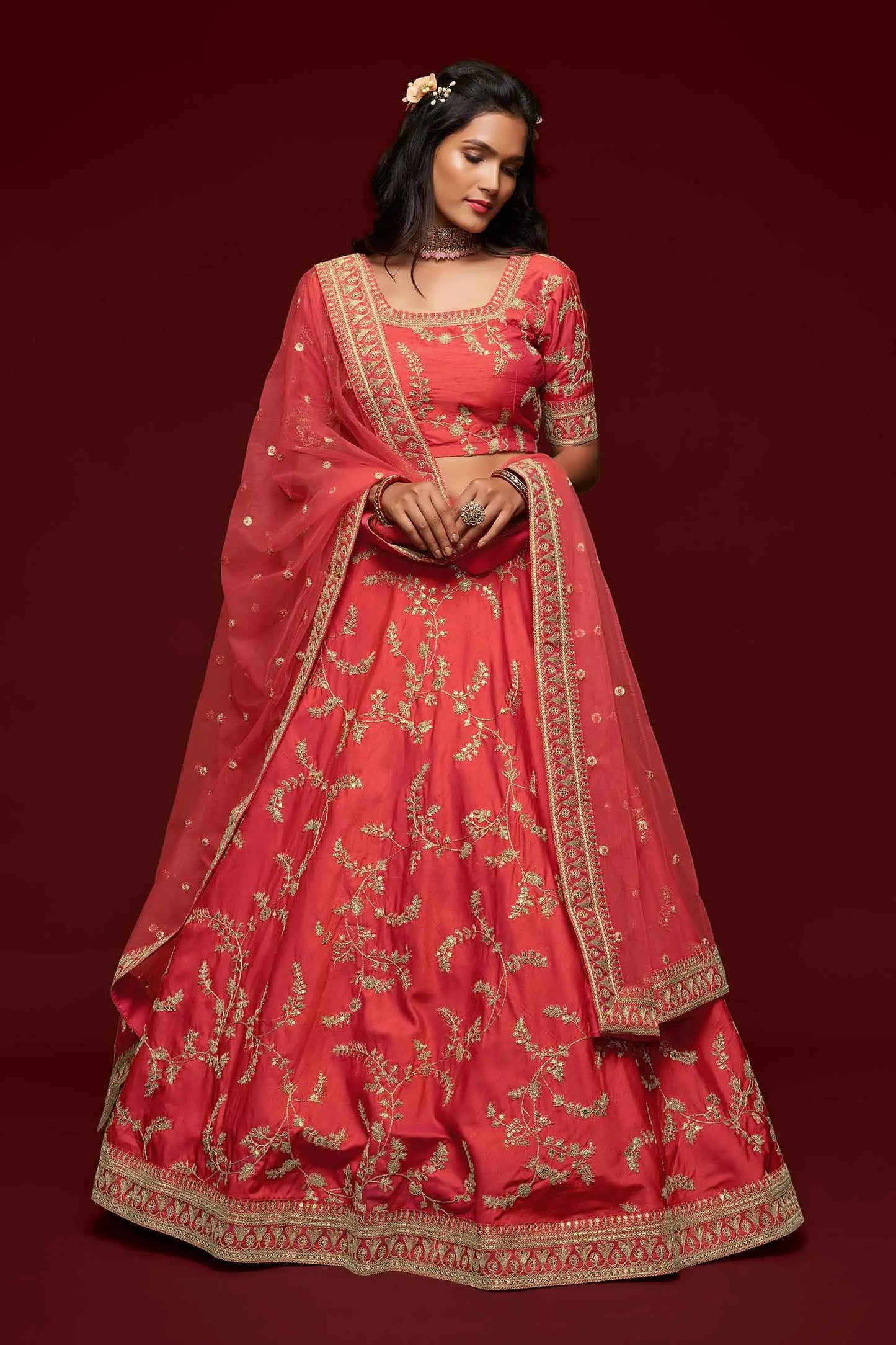 Bean Red Silk Lehenga Choli With Thread Zari Dori And Sequins Embroidery Work