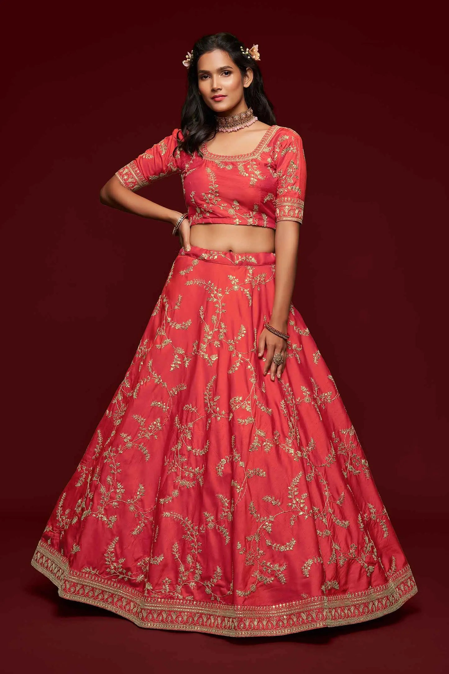 Bean Red Silk Lehenga Choli With Thread Zari Dori And Sequins Embroidery Work