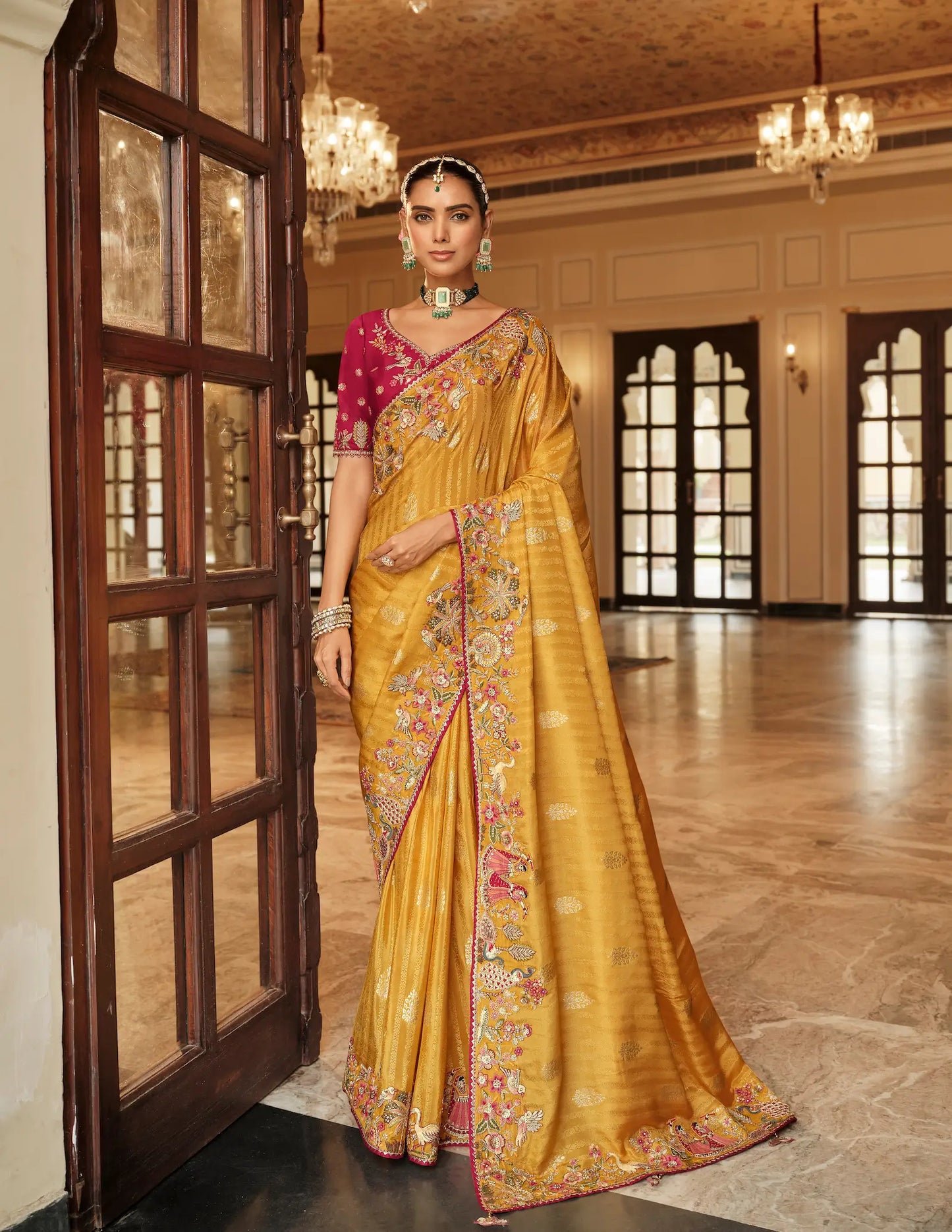 Golden Yellow Jacquard Silk Embroidery & Hand Work Saree