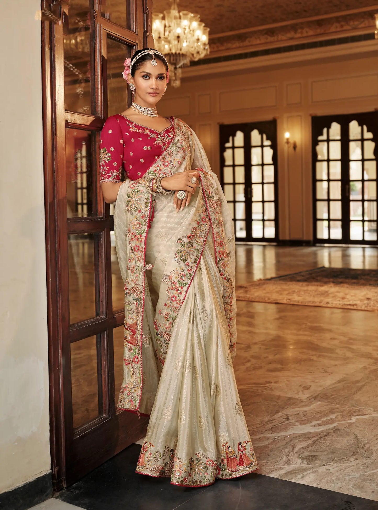Off White Jacquard Silk Embroidery & Hand Work Saree