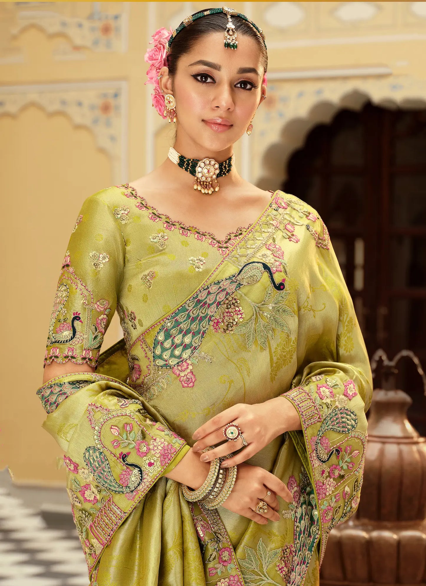 Parrot Green Jacquard Silk Embroidery & Hand Work Saree