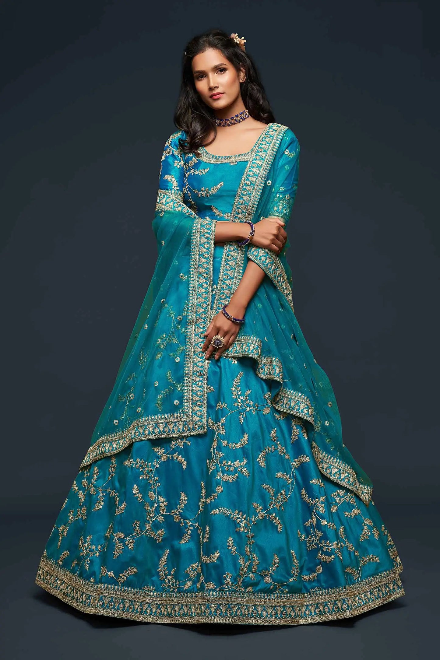Teal Blue Silk Lehenga Choli With Thread Zari Dori And Sequins Embroidery Work