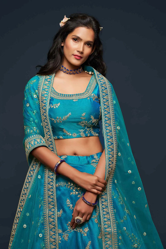Teal Blue Silk Lehenga Choli With Thread Zari Dori And Sequins Embroidery Work