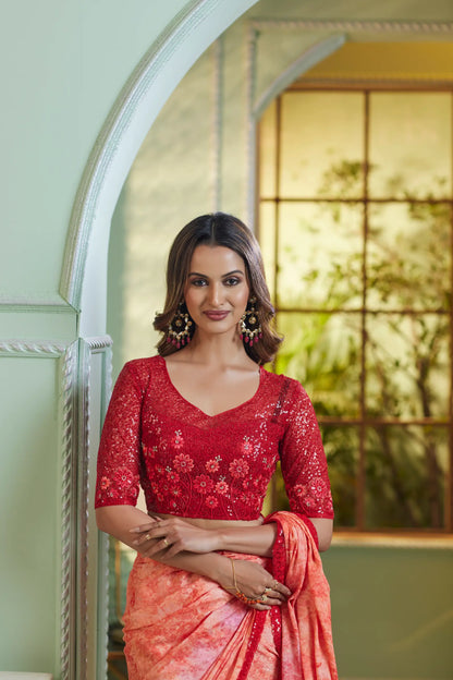 Peach Crystal Chiffon Party Wear Saree With Sequence & Thread Embroidery Work