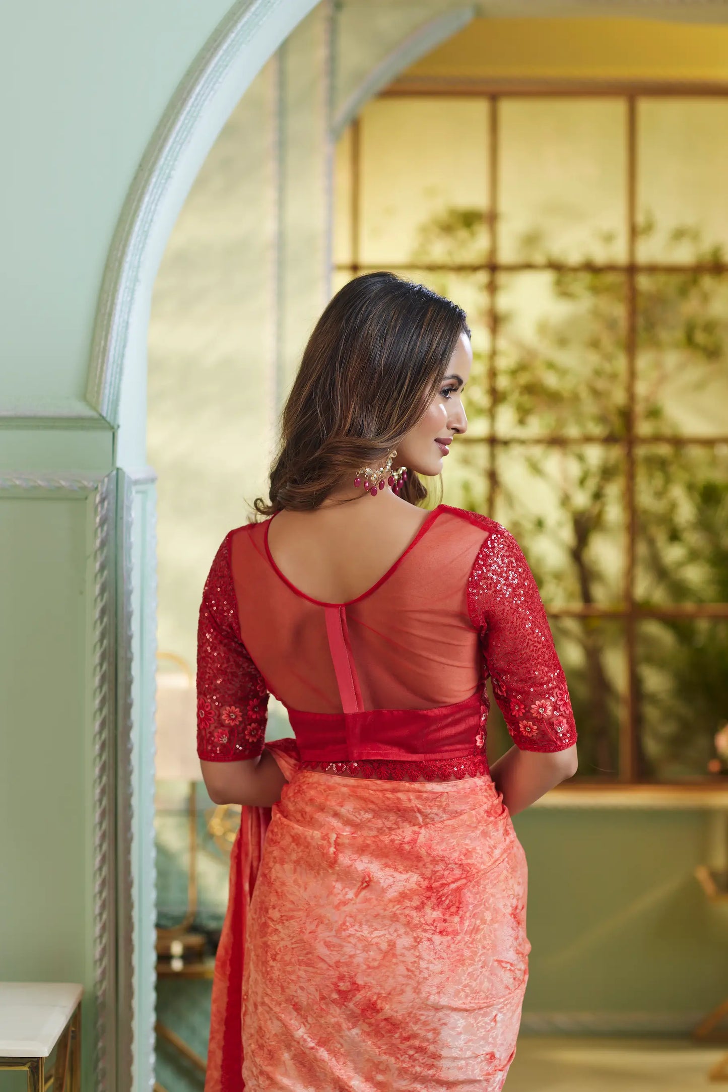 Peach Crystal Chiffon Party Wear Saree With Sequence & Thread Embroidery Work