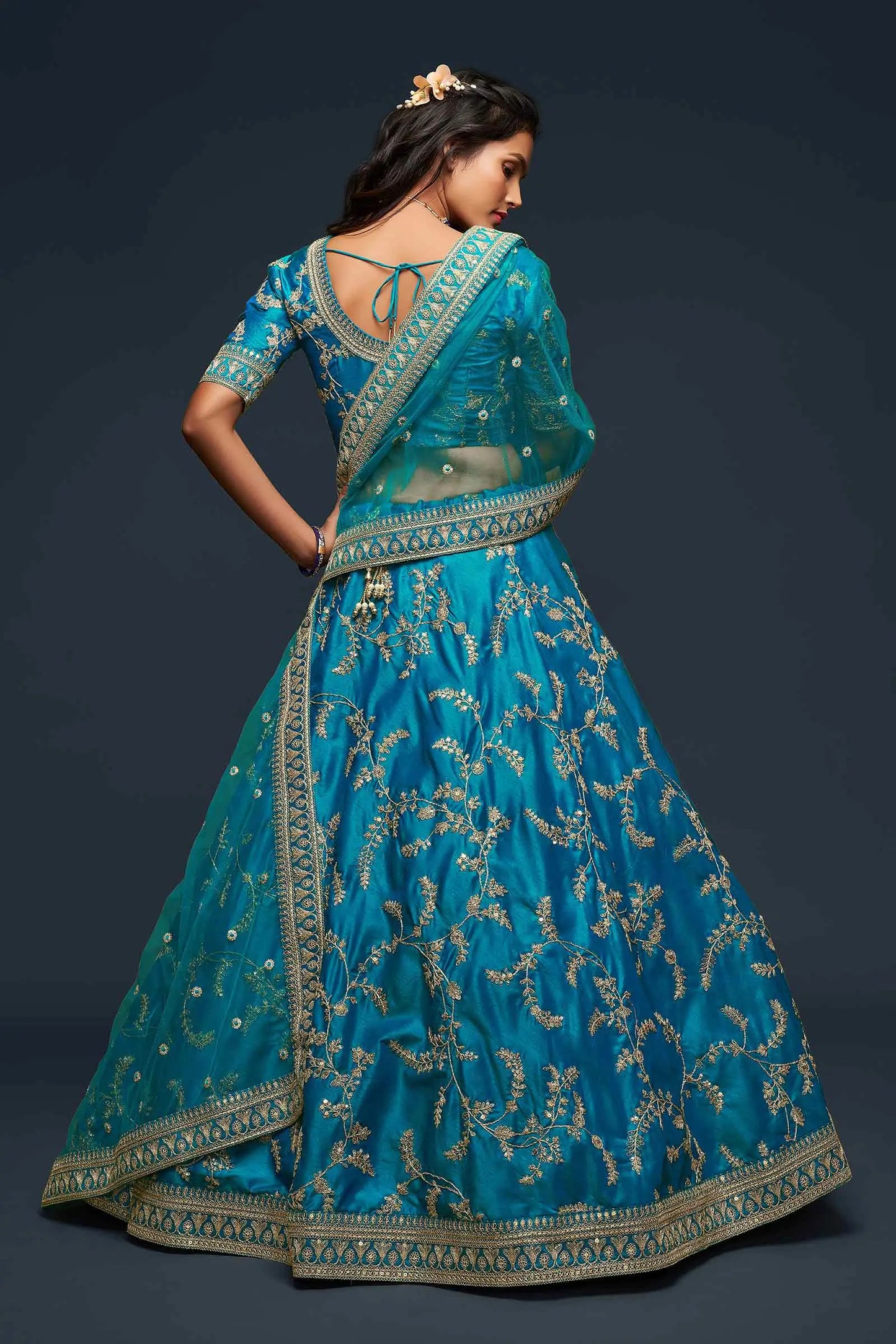 Teal Blue Silk Lehenga Choli With Thread Zari Dori And Sequins Embroidery Work