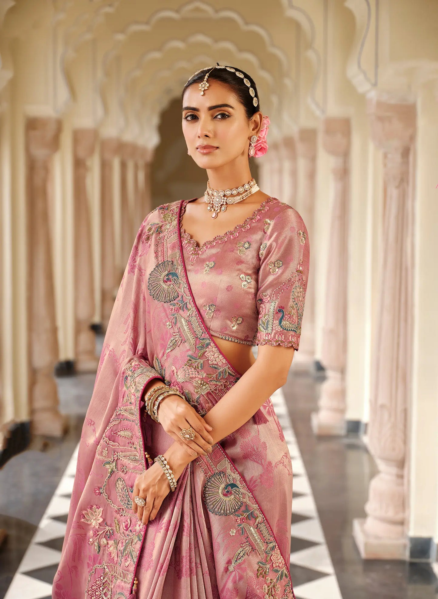 Dusty Pink Jacquard Silk Embroidery & Hand Work Saree