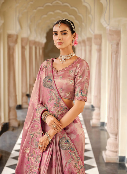 Dusty Pink Jacquard Silk Embroidery & Hand Work Saree
