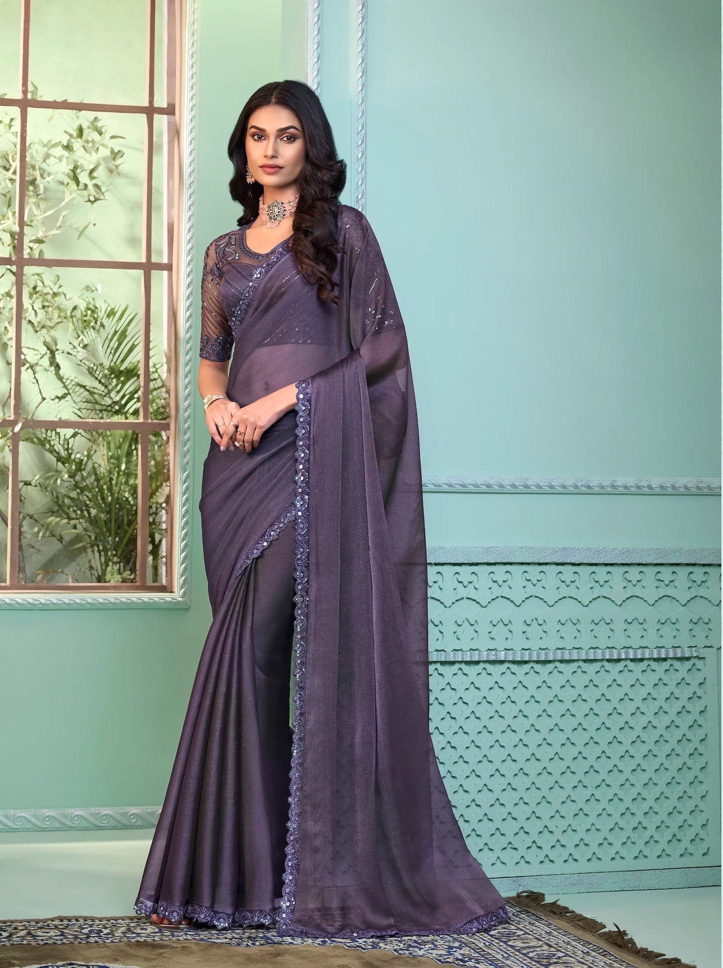 Dusty Purple Crystal Georgette Party Wear Saree With Sequence & Thread Embroidery Work