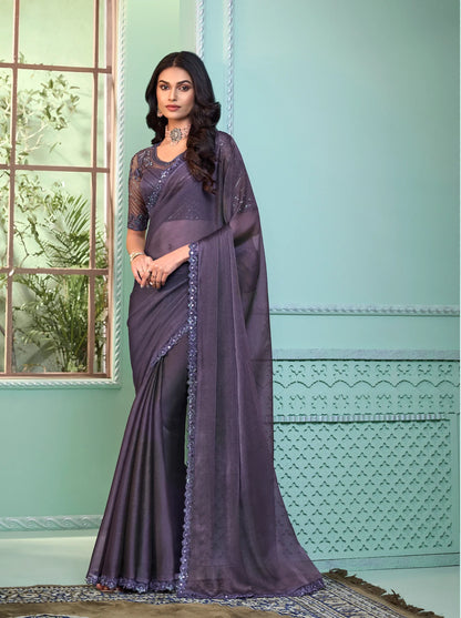 Dusty Purple Crystal Georgette Party Wear Saree With Sequence & Thread Embroidery Work