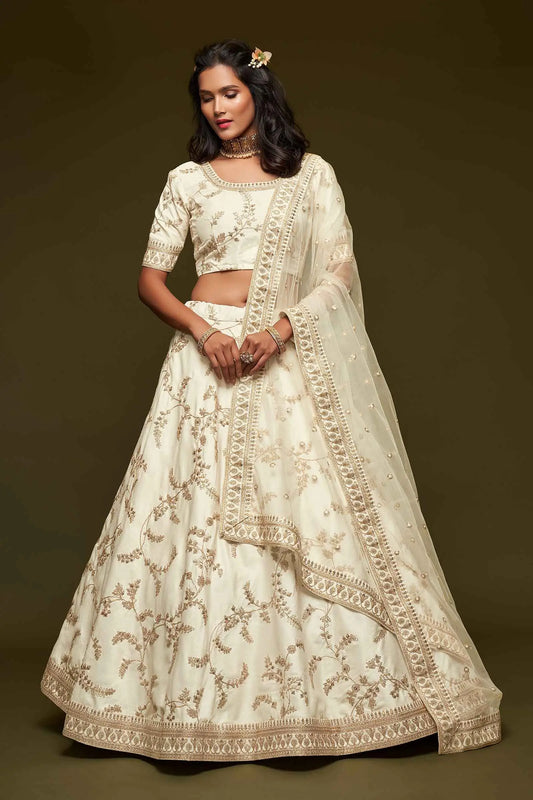 White Silk Lehenga Choli With Thread Zari Dori And Sequins Embroidery Work
