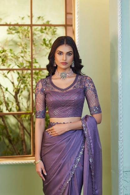 Dusty Purple Crystal Georgette Party Wear Saree With Sequence & Thread Embroidery Work