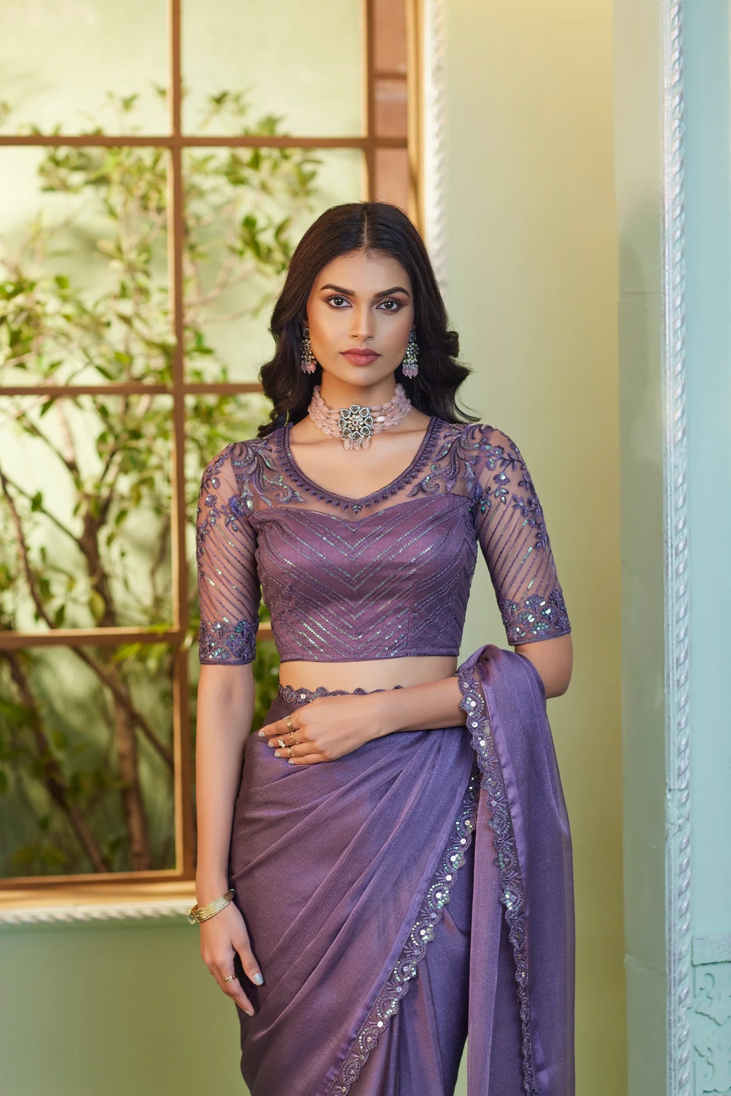 Dusty Purple Crystal Georgette Party Wear Saree With Sequence & Thread Embroidery Work