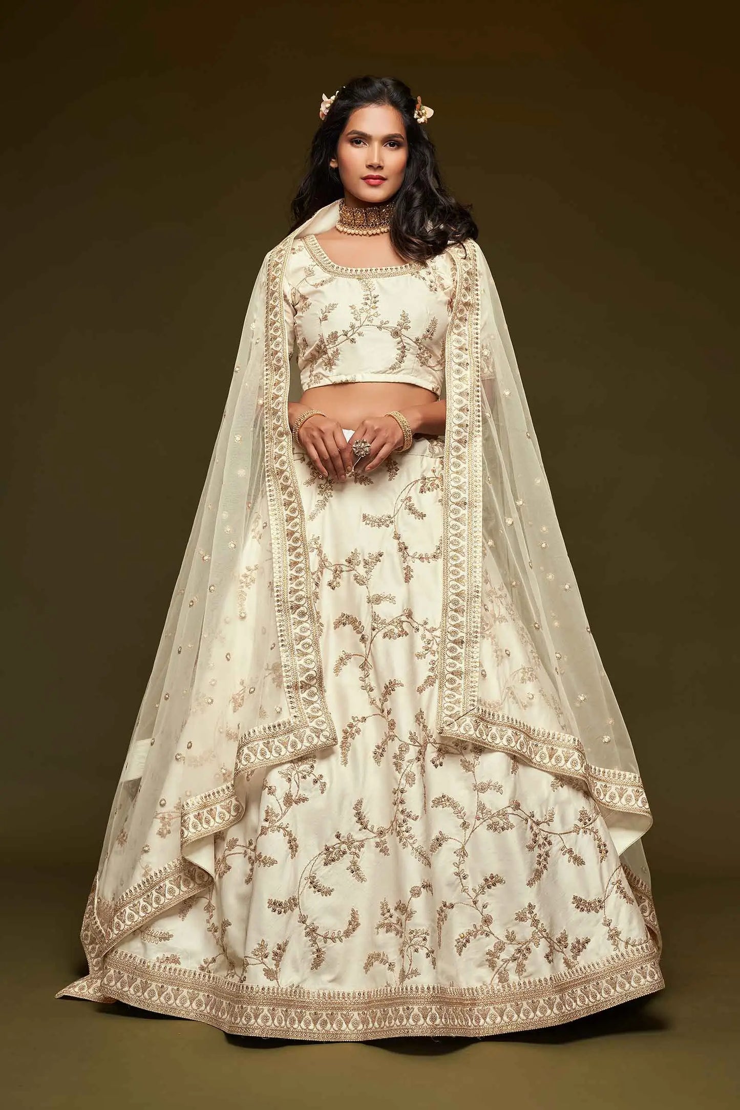 White Silk Lehenga Choli With Thread Zari Dori And Sequins Embroidery Work