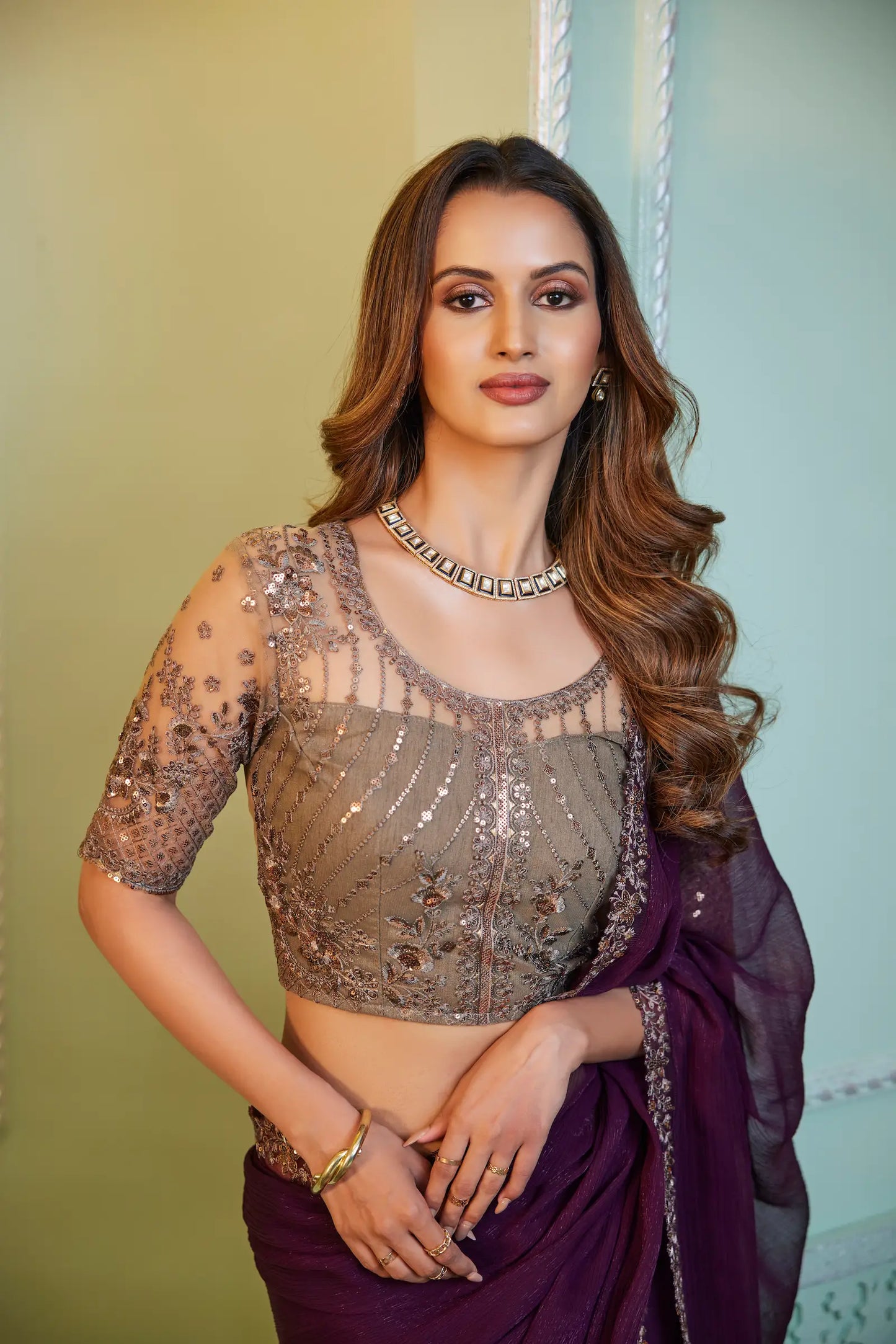 Wine Chiffon Party Wear Saree With Sequence & Thread Embroidery Work