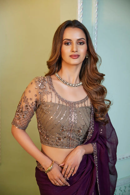 Wine Chiffon Party Wear Saree With Sequence & Thread Embroidery Work