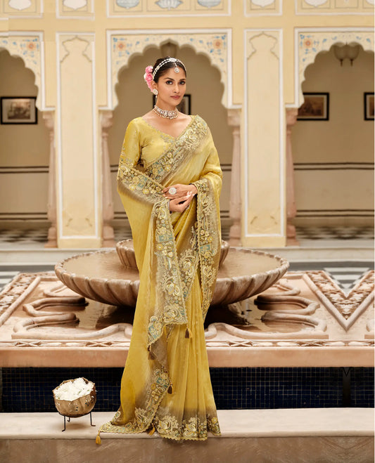 Ginger Yellow Jacquard Silk Embroidery & Hand Work Saree