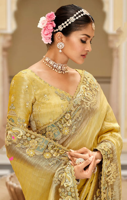 Ginger Yellow Jacquard Silk Embroidery & Hand Work Saree