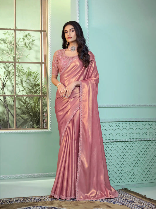 Light Pink Shimmer Georgette Party Wear Saree With Sequence & Thread Embroidery Work
