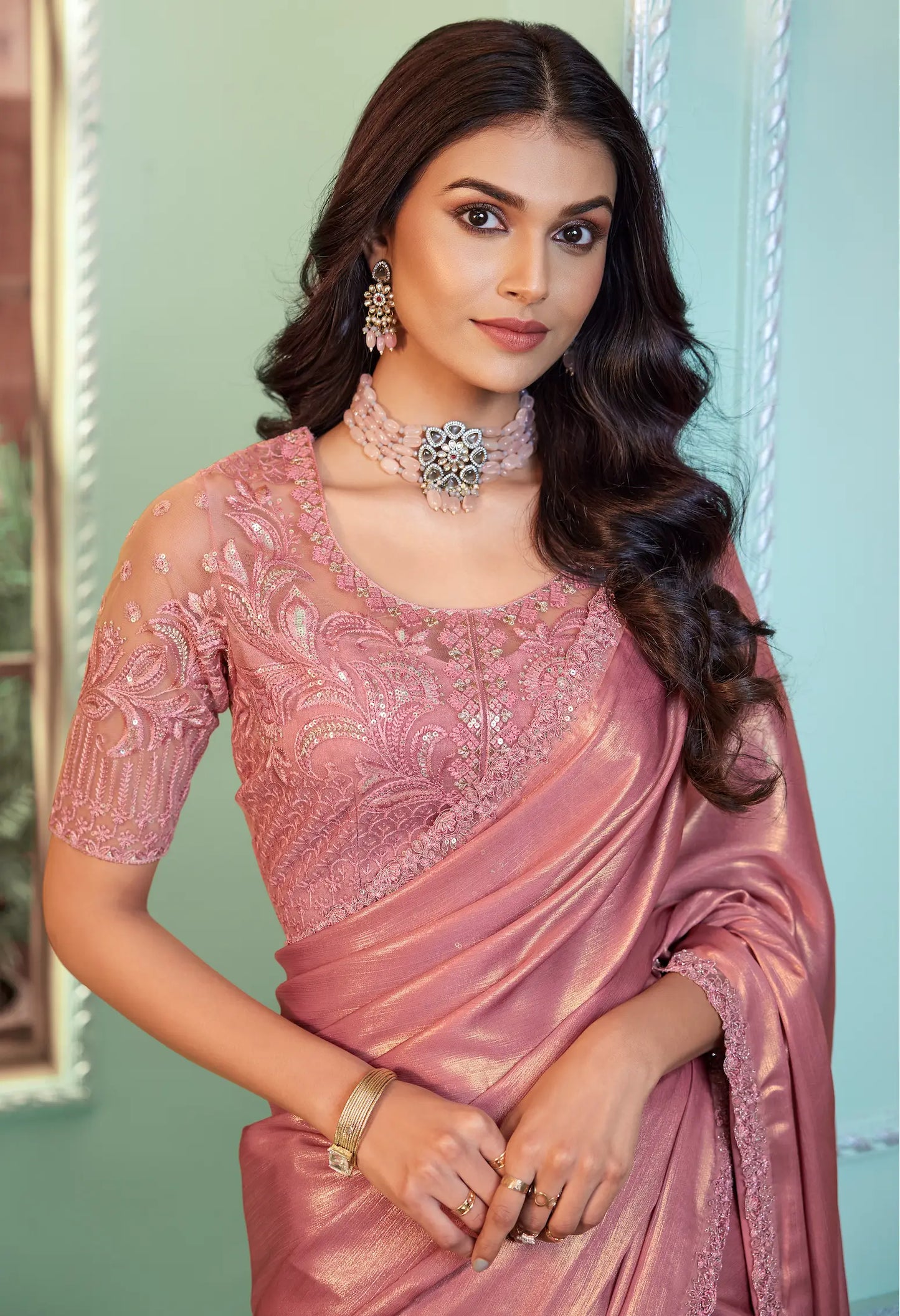 Light Pink Shimmer Georgette Party Wear Saree With Sequence & Thread Embroidery Work